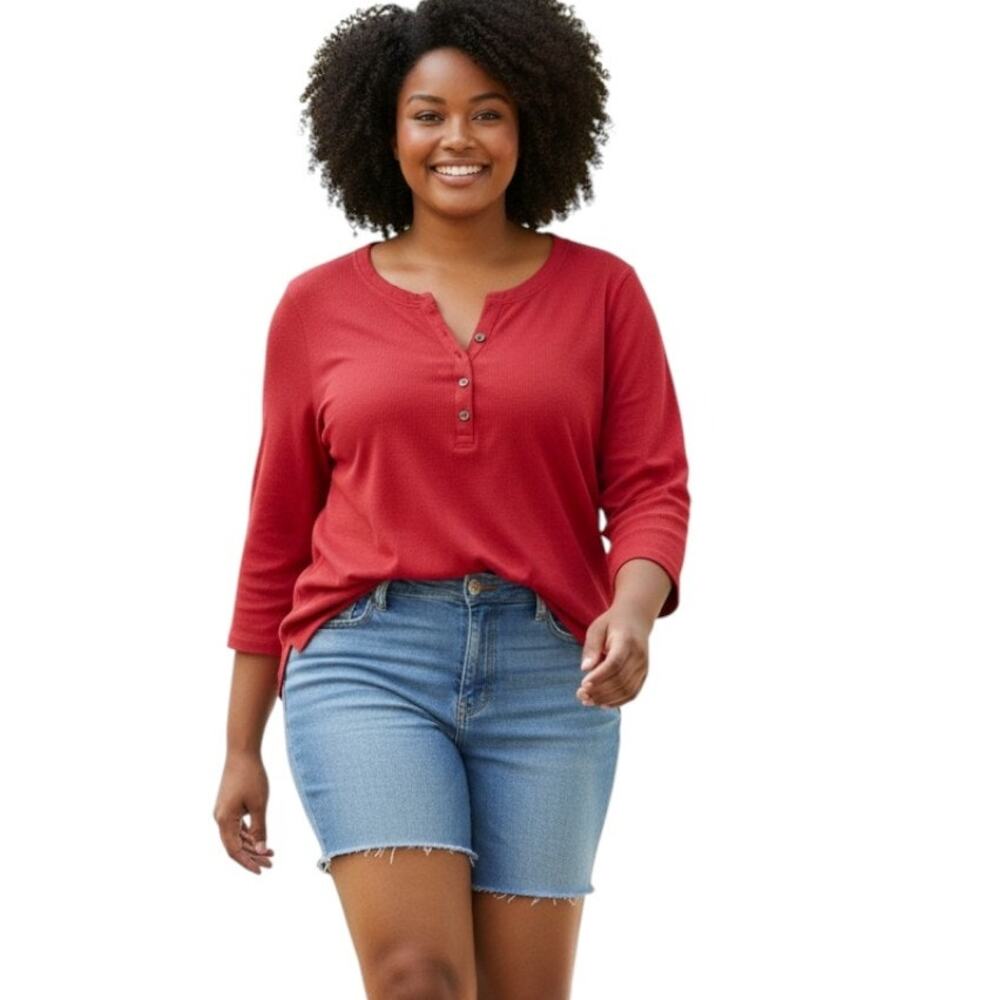 Avenue Women's Long Sleeve Henley Style Tunic Knit Sweater, Red Size 14-16